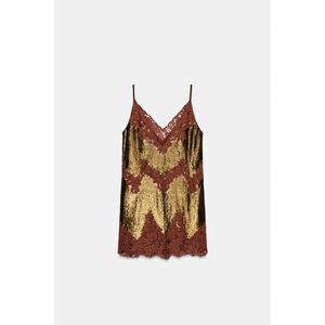 Zara ZW Collection Lace Sequin Mini Dress Gold Brown Size S NWT Limited Edition